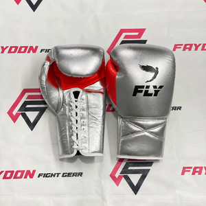 Fly New Model Silver & <b>Green</b> Custom Made Professional Genuine Leather Boxing Gloves <b>Laced</b> Up Hook & Loop Sparring Gloves - Product Image 6