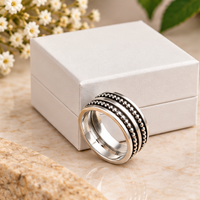 Bague tournante en argent, Bague tournante en argent sterling, Bague de méditation anti-stress, Bague double anneau, Bague en argent perlée