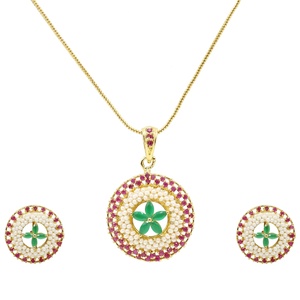 Collar con Colgante Floral RAY FINE ORNATES, Esmeralda, Rubí, Perla, Chapado en Oro, con Aretes a Juego, Joyería Nupcial India, IGI - Product Image 1