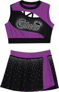 Ensemble uniforme de pom-pom girl violet et noir, haut court sans manches, jupe à fermetures éclair, design ajouré, taille haute, fermeture élastique, séchage rapide - Product Image 4