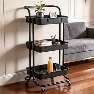 Carrito de Almacenamiento Metálico de Tres Niveles con Ruedas, Diseño Rectangular Minimalista para Organizar la Sala de Estar - Product Image 1