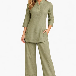 Conjunto de Dos Piezas de Viscosa Bordada para Mujer, Top y Pantalones Casuales con Cuello en V, Fabricante - Product Image 1