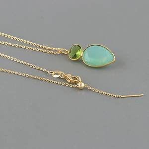 Double gemstone necklace green opalite & peridot quartz briolette pendant 18k gold plated brass <b>cable</b> chain jewelry for Supplies - Product Image 4