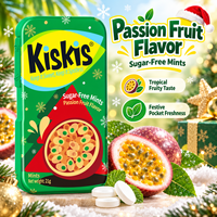 Bonbons KisKis festifs et rafraîchissants aux saveurs fruitées et mentholées, édition limitée, saveur fruit de la passion et pêche, en boîte mince, pour fêtes