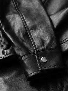Blouson moto en cuir véritable noir pour homme, col rabattu, fermeture éclair, manches classiques, couleur unie, style motard, vêtement d'automne - Product Image 3
