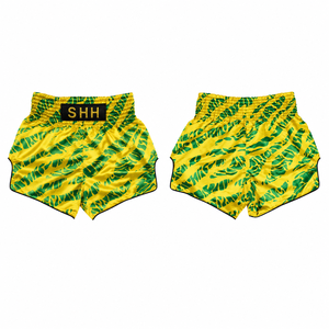 Shorts de Muay Thai SHH jaune et vert à rayures tigrées en satin, unisexe, pour adultes, vêtements de combat - Product Image 5