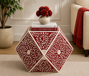 Table basse hexagonale moderne en résine avec incrustations d'os, table d'appoint géométrique, table de chevet florale avec incrustations d'os pour chambre et salon - Product Image 5