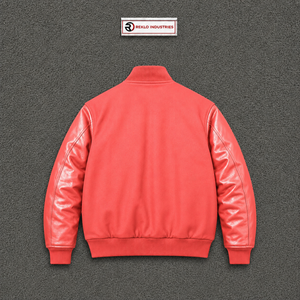 Veste universitaire corail pour homme avec manches en cuir PU, col rabattu décontracté, coupe régulière, pour l'automne – Veste élégante à boutons-pression, style athlétique - Product Image 6