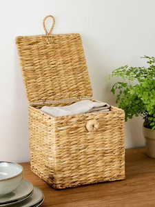 <b>Square</b> laundry <b>basket</b> with lid, woven from natural water hyacinth, a storage <b>basket</b> for household items. - Product Image 3