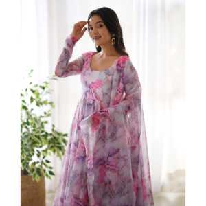 ENSEMBLE COSTUME ANARKALI ORGANZA DOUX PURE AVEC DKB-263 ENTIÈREMENT COUDU - Product Image 2