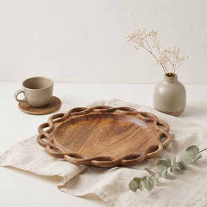 Vintage Luxury Acacia Wood <b>Dinner</b> Plate Hand Carved Braided Rim Decorative Display Dish Premium Round Wooden Salad Serving <b>Tray</b> - Product Image 3