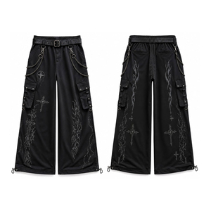 Men's <b>Black</b> Gothic <b>Cargo</b> Pants with Cross Print Wide Leg Fit Chain Detail and Adjustable Drawstring - Product Image 1