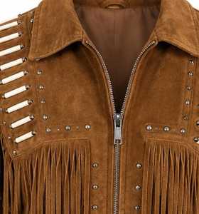 Chaqueta de Hombre de Primera Calidad con Flecos Marrones, Cuello Camisero y Cierre de Cremallera - Product Image 2