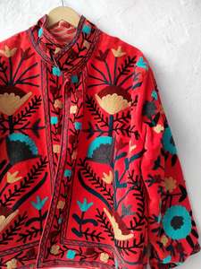 Veste en velours bohème Suzani orange brodée : Manteau indien fait main - Product Image 4