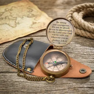 <b>Antique</b> Style Brass Pocket <b>Compass</b> Round Mechanical Analog Single Face with Leather Case - Product Image 4