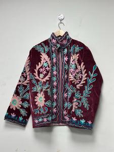Elegant Burgundy <b>Velvet</b> Embroidered Suzani <b>Jacket</b> With Floral Pattern Full Sleeve Stand Collar Winter <b>Women's</b> Outerwear - Product Image 3