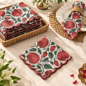 RIDHI Square Trending Indian Hand Block Floral Printed Cotton <b>Cloth</b> Napkins Coral Turquoise <b>Green</b> Embroidered Eco-Friendly - Product Image 2