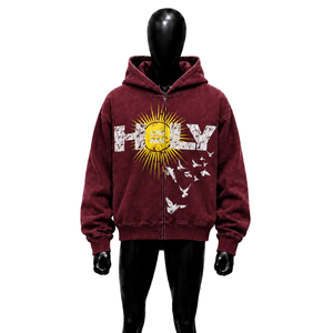 Sudadera con capucha y cremallera para hombre con estampado gráfico de pájaro solar, color granate, de forro polar, corte regular, para uso casual en otoño - Product Image 1