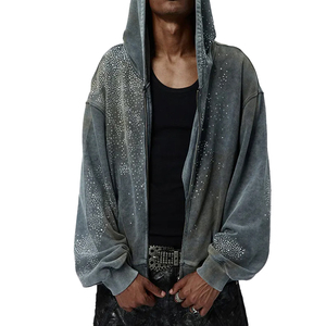 เสื้อฮู้ดซิปประดับเพชรแบบย้อมสีพิเศษทรงโอเวอร์ไซส์สไตล์วินเทจสตรีทแวร์ผ้าฝ้ายหนานุ่มระบายอากาศได้ดีสำหรับฤดูหนาว - Product Image 3