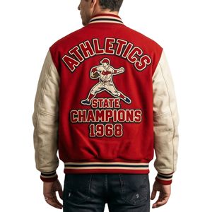 Veste de sport universitaire en laine mérinos rouge avec manches contrastantes blanches, veste de baseball respirante, veste varsity en laine avec lettre B en chenille - Product Image 2