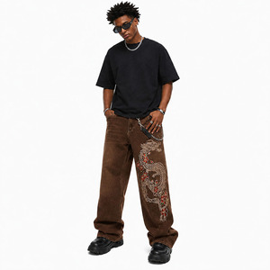 Custom Vintage Washed Baggy Jeans Men Embroidered Dragon Wide Leg Denim <b>Pants</b> Streetwear Loose Fit Hip Hop Jeans - Product Image 3