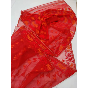 Sari traditionnel en coton Jamdani pour femmes, longueur au sol, style ethnique indien pakistanais, pour mariage, bleu avec motifs colorés - Product Image 5