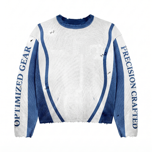Camiseta de manga larga de punto gofrado de 280 GSM, con paneles en contraste blanco y azul, 100% algodón, para hombre, corte holgado, estampada. - Product Image 1
