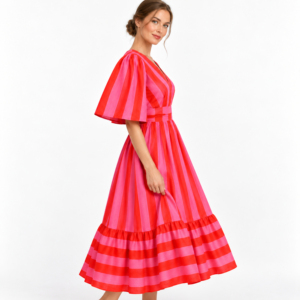Vestido midi a rayas rosa y rojo para mujer, cuello en V, manga con volantes, cinturón, línea A, vestido de verano - Product Image 5