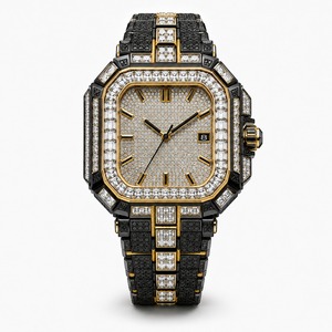 Reloj de lujo con diamantes para hombre, caja cuadrada de oro amarillo, correa de acero inoxidable, indicador de fecha analógico de cuarzo - Product Image 1
