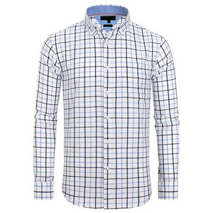 Camisa Casual de Hombre a Cuadros Azul y Blanco de Manga Larga con Cuello Abotonado, Corte Ajustado y Bolsillo en el Pecho - Product Image 1