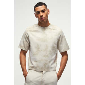 T-shirt oversize beige délavé pour homme, mélange de coton, col rond, streetwear décontracté, étiquette privée personnalisée - Product Image 1