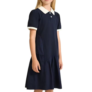 New Girls' 100% Cotton Woven Loose Mid-Length High School Uniform Dress Blue White Color Block Polo Collar Design Perfect - Product Image 1