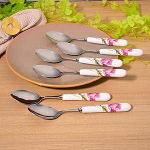 Juego de 6 Cucharas de Porcelana con Diseño de Rosas y Mango de Cerámica, Cucharas Largas de Acero para Servir Cena y Postre - Product Image 2
