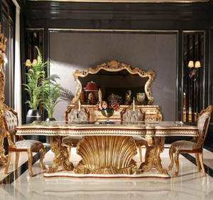 Ensemble de table à manger en teck massif doré royal de luxe, meubles de salle à manger sculptés à l'ancienne, fabriqués en Indonésie - Product Image 4