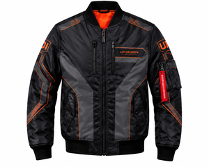 Blouson bomber noir et orange pour homme, coupe-vent personnalisé avec poches zippées, poignets côtelés et design streetwear futuriste - Product Image 1