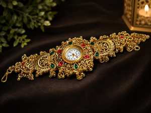 Montre-bracelet artisanale de style cachemire, mode ethnique traditionnelle indienne, pour femme, en perles et doré, accessoire fait main - Product Image 5