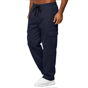 Men's Navy Blue <b>Cargo</b> Sweatpants Elastic Waist Drawstring Multiple Pockets Casual Cotton Pants Autumn Wear - Product Image 3