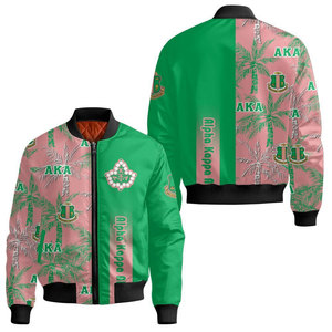 Blouson bomber rose et vert imprimé de haute qualité avec motif palmier et design de blason, veste décontractée pour homme en polyester avec fermeture éclair sur le devant - Product Image 1