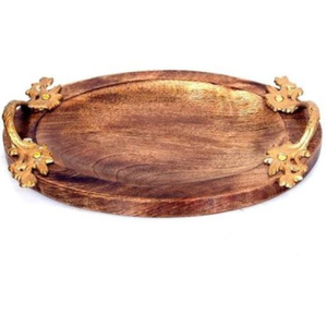 Accessoires de table d'hôtel, plateau de service ovale en bois de manguier de la plus haute qualité, fait à la main, plateau de service pour aliments et en-cas avec élégantes poignées dorées - Product Image 1