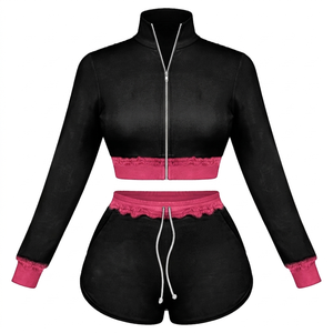 Conjunto de Shorts para Mujer, Poliéster y Spandex Premium de 220 g/m², Diseño de Dos Tonos, Top Corto con Cierre, Shorts de Cintura Alta, Logotipo Personalizado - Product Image 1