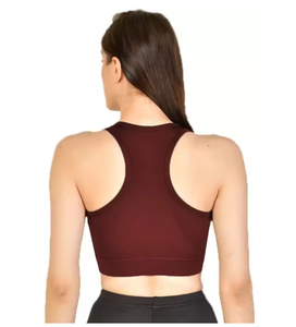 Soutien-gorge de sport pour femme à maintien moyen, marron uni, col rond, débardeur respirant à séchage rapide pour la gym et le yoga - Product Image 4