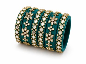 Teal Gold Plated Cuff <b>Bracelets</b> With <b>Crystal</b> Rhinestone Flower Pattern Ethnic Style Women's Party Jewelry - Product Image 1