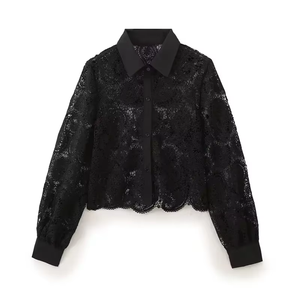 Blusa Larga con Botones para Mujer de Oficina, Elegante, Antiarrugas, de Tela de Encaje de Poliéster, para Otoño - Product Image 1