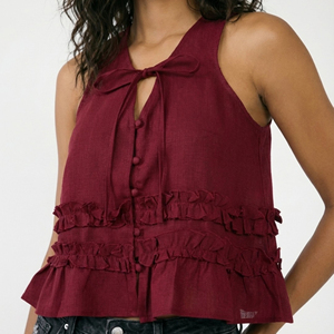 <b>Womens</b> Ruffle Crop Tank <b>Top</b> <b>Burgundy</b> Woven Halter Keyhole Tie Sleeveless Blouse Manufacturer - Product Image 6