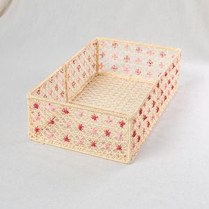 Panier de rangement rectangulaire en osier naturel avec motif floral rose et rouge, décoration de salon, accessoires pour la maison - Product Image 3