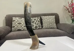 Viking Style Carved Eco-Friendly <b>Drinking</b> <b>Horn</b> with Agate Stone Rim and Leather Holder - Product Image 2