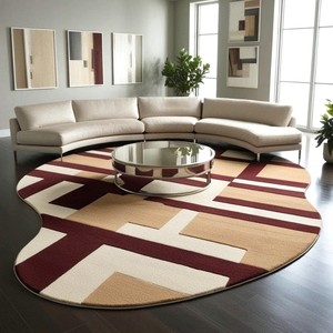 Hand Tufted Beige Maroon Geometric Wool Area Rug, Modern Abstract Carpet for Living Room Bedroom Home Decor Wholesale Supplier - Product Image 1