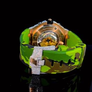 Luxury Iced Out <b>Mechanical</b> <b>Watch</b> Men Hip Hop Green Camo Silicone Band Diamond Buckle - Product Image 3
