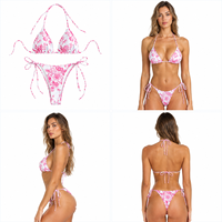 Baju Renang Tankini Halter Tanpa Punggung ODM Custom Wanita, Bikini Segitiga Motif Bunga 2 Potong, Cepat Kering, Tali Serut, Pakaian Pantai