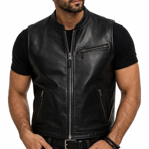 Men's Leather Vest Black Genuine Leather <b>Biker</b> Style Zip Up Casual Motorcycle Wear Premium Motorcycle Riding Vest - Product Image 1